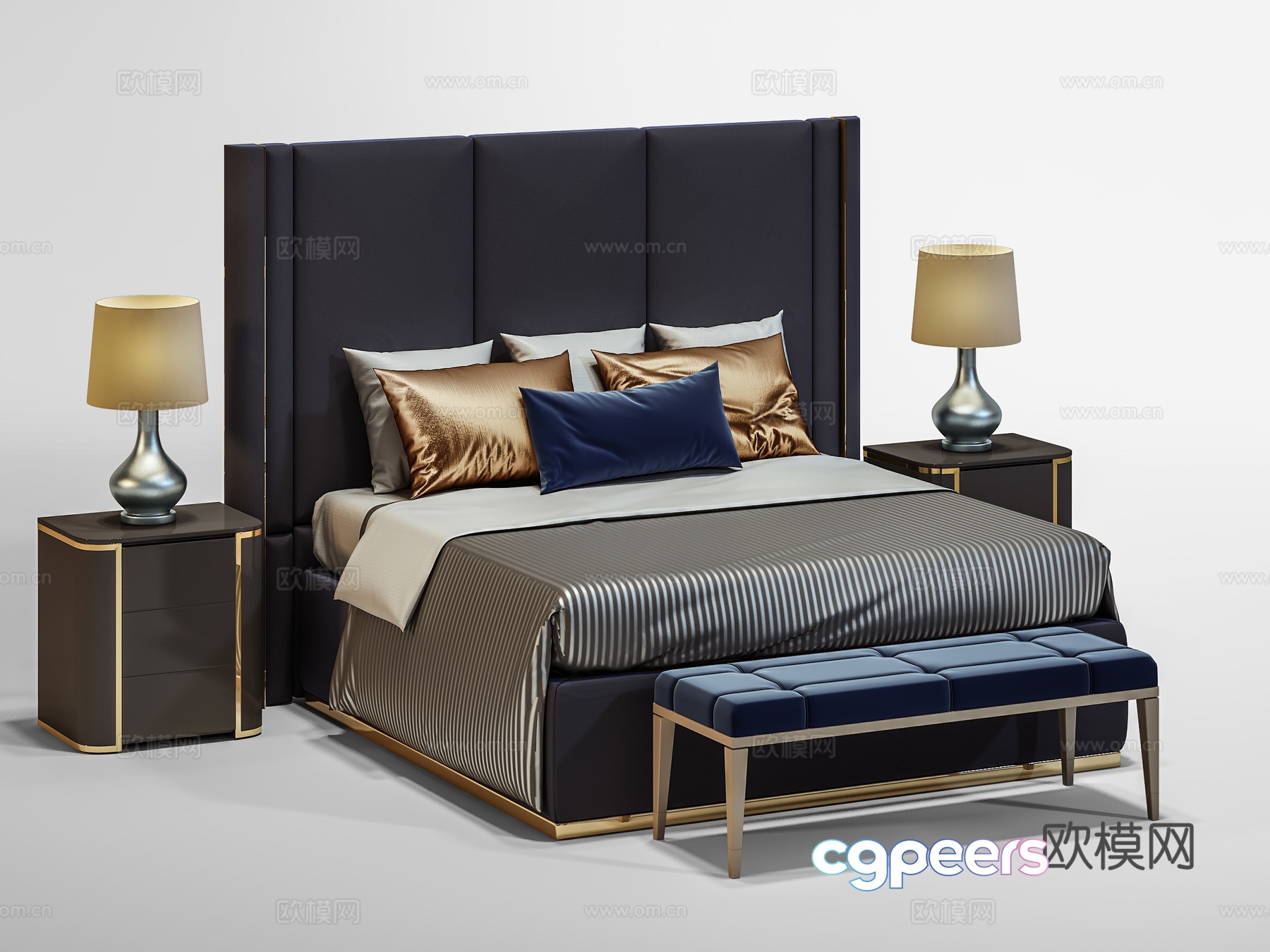 Modern double bed bedside table bedside stool desk lamp combination 3D model Modern double bed bedside table bedside stool desk lamp combination 3D model