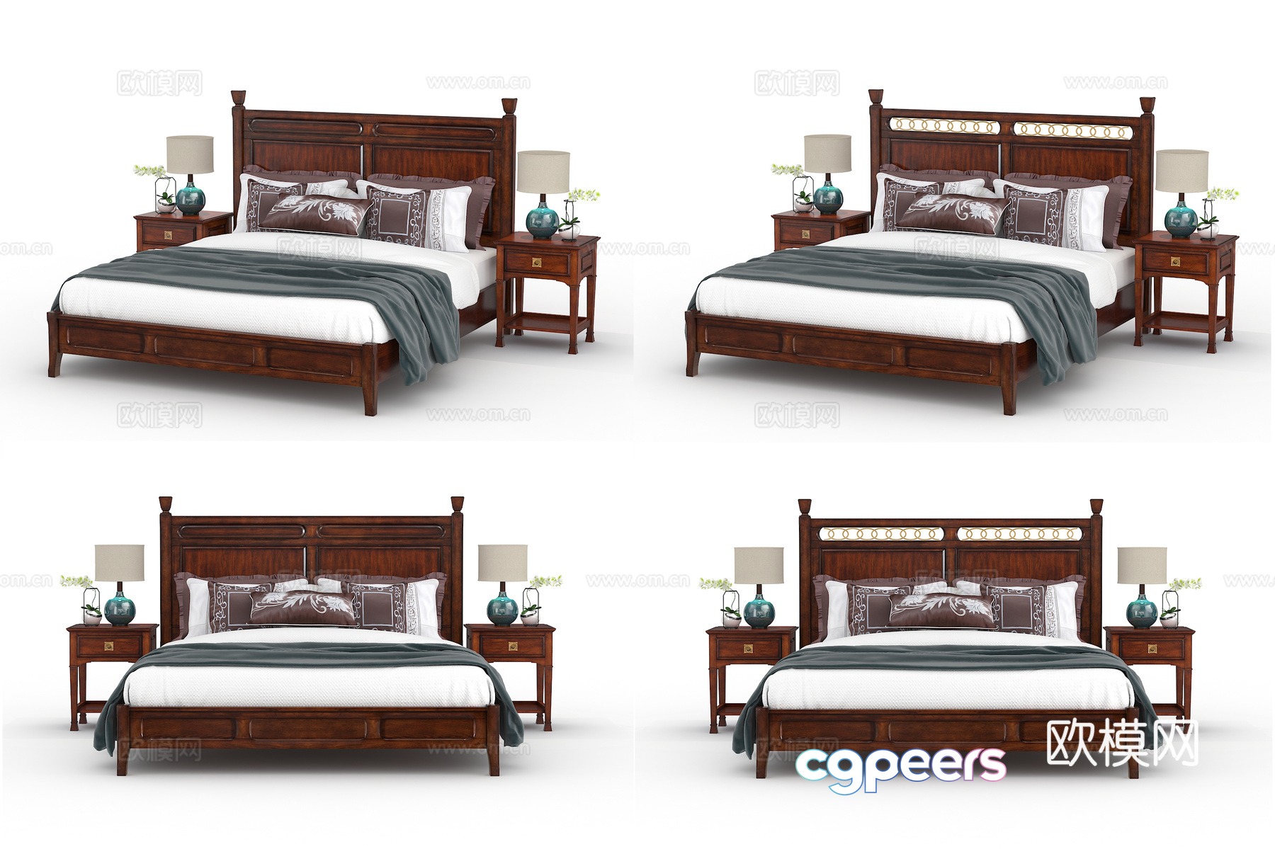 Chinese double bed nightstand ornament combination 3D model Chinese double bed nightstand ornament combination 3D model