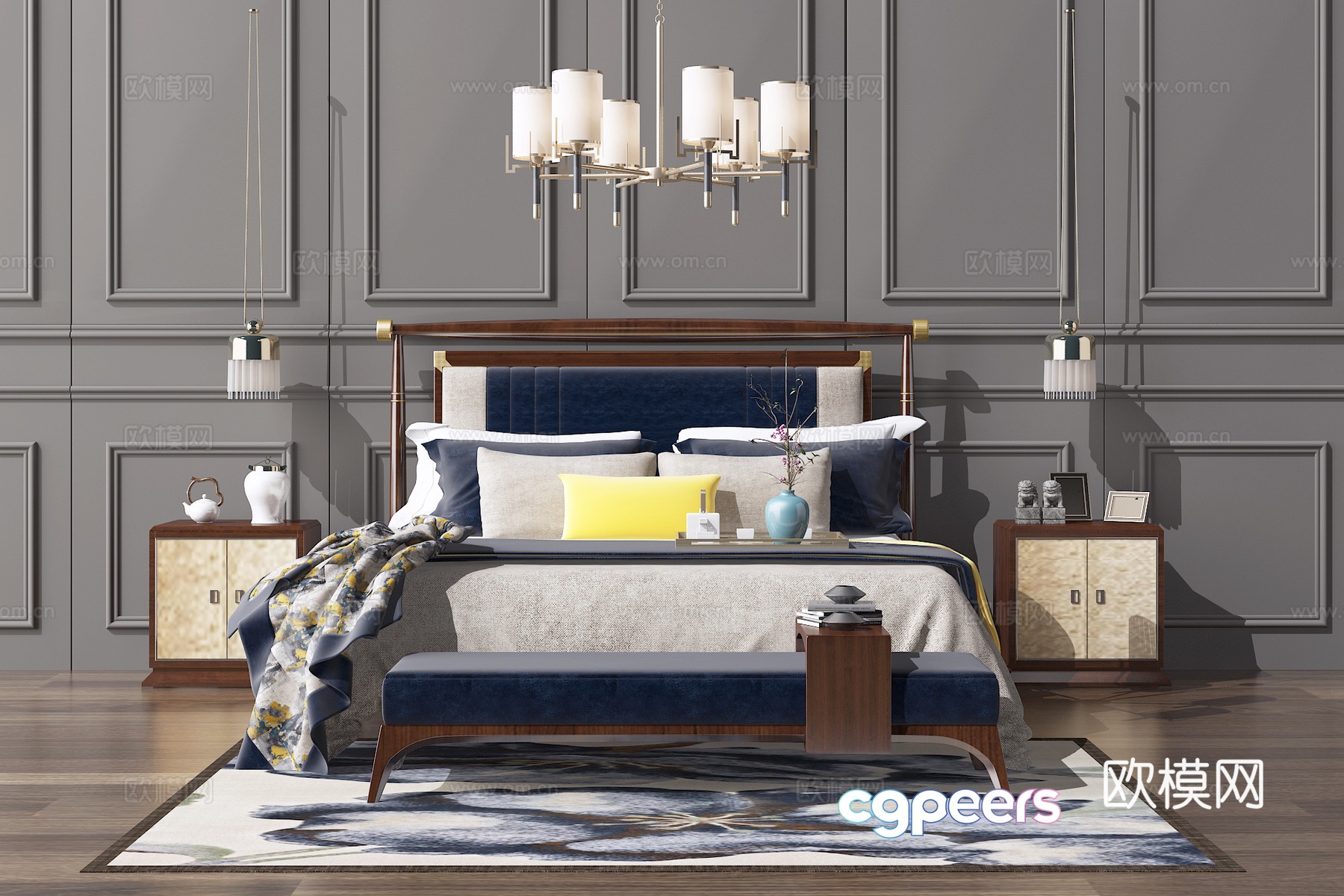 New Chinese-style solid wood double bed chandeliers combination 3D model New Chinese-style solid wood double bed chandeliers combination 3D model