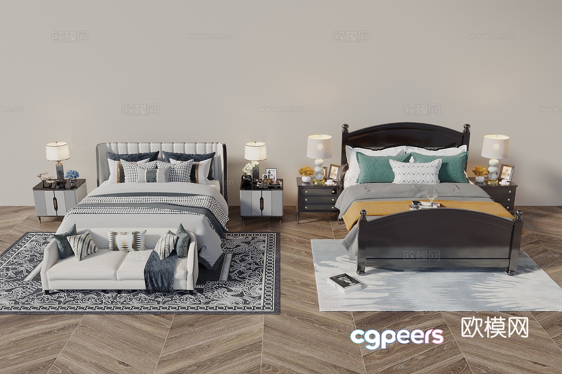 American retro style double bed nightstand bedding 3d model American retro style double bed nightstand bedding 3d model