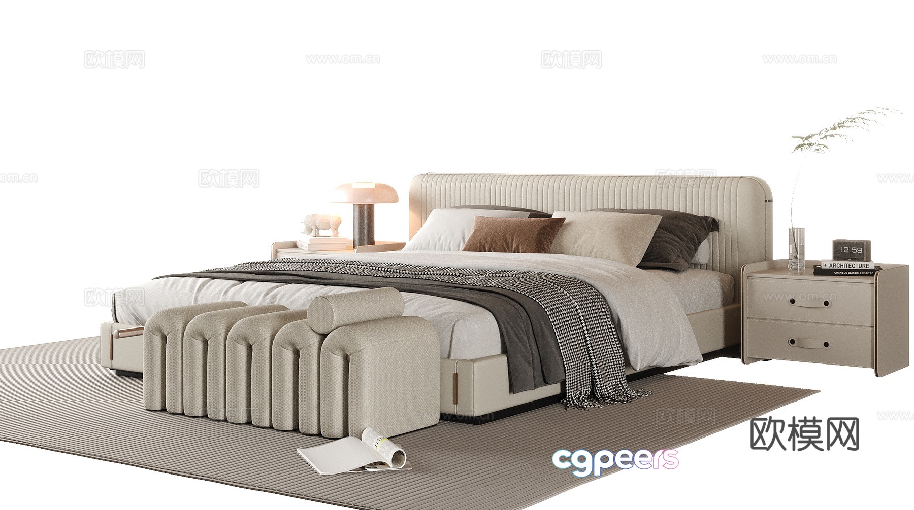 Modern double bed bed tail stool bedside table 3D model Modern double bed bed tail stool bedside table 3D model