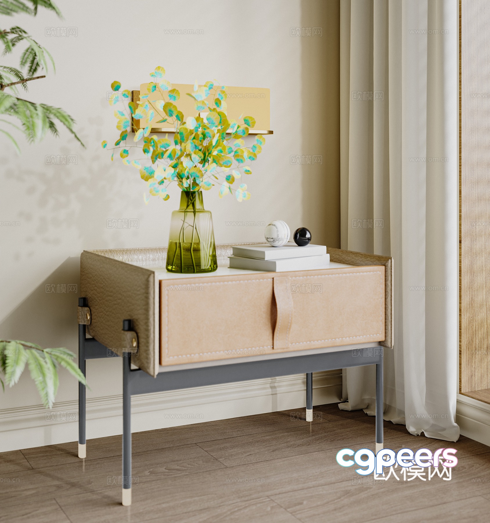 Modern bedside table leather bedside table vase flowers 3d model Modern bedside table leather bedside table vase flowers 3d model