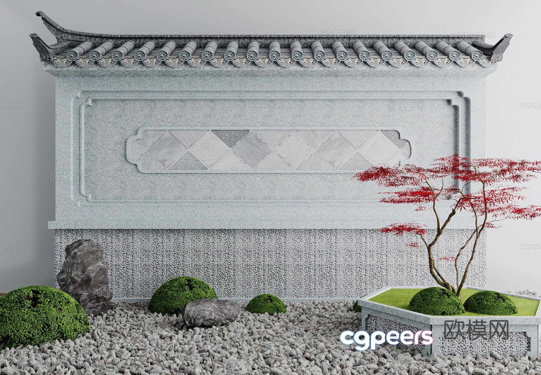 New Chinese style courtyard landscape sketch pine tree eaves wall stone moss pebbles 3D model New Chinese style courtyard landscape sketch pine tree eaves wall stone moss pebbles 3D model