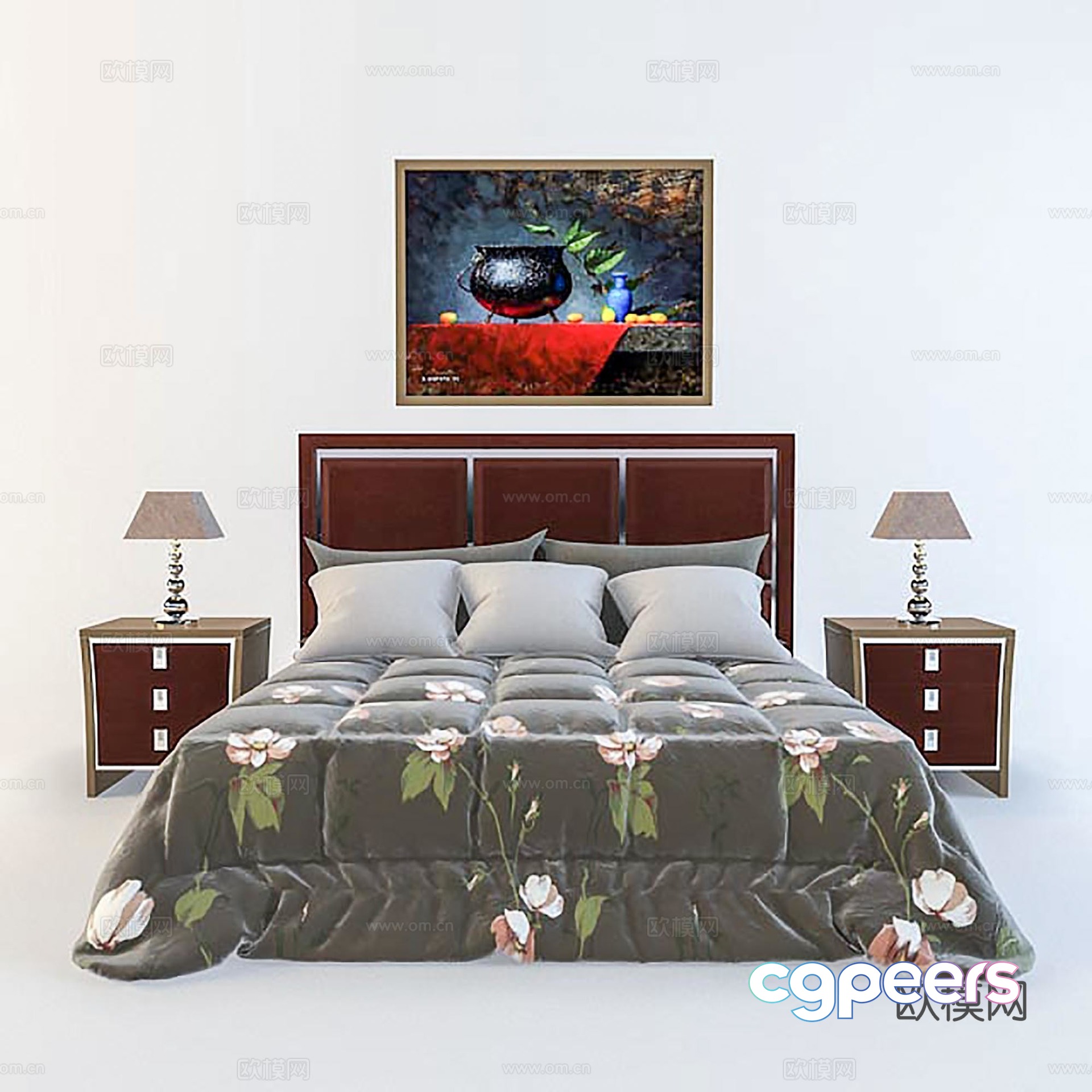Simple European double bed fabric bed bed night counter lamp combination 3D model Simple European double bed fabric bed bed night counter lamp combination 3D model