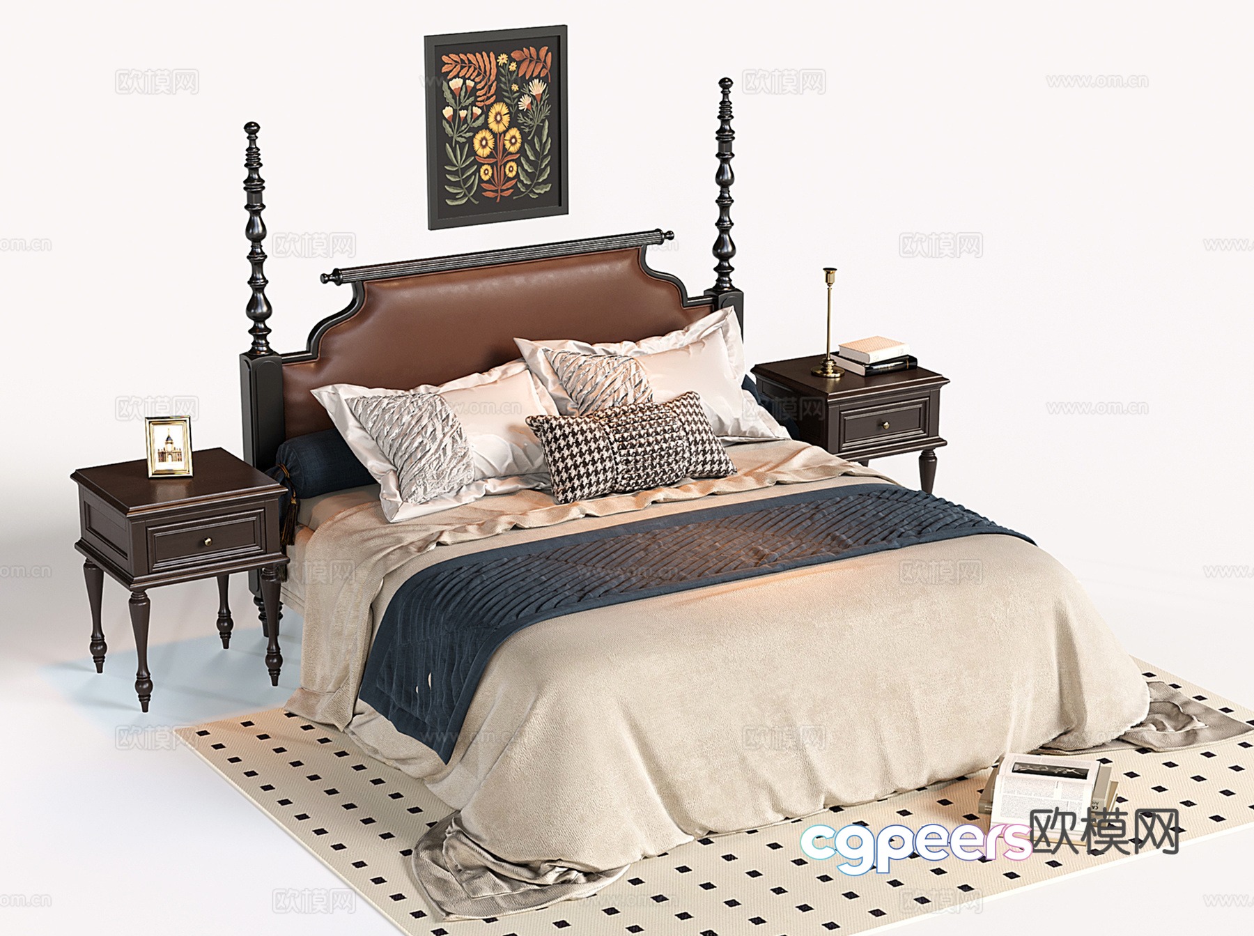 French double bed retro wooden bedside bedside table 3d model