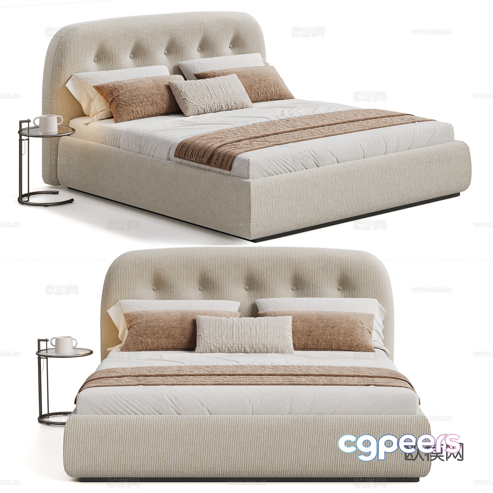 Modern cream style double bed Nordic double bed Cream style fabric double bed Chenille fabric 3D model