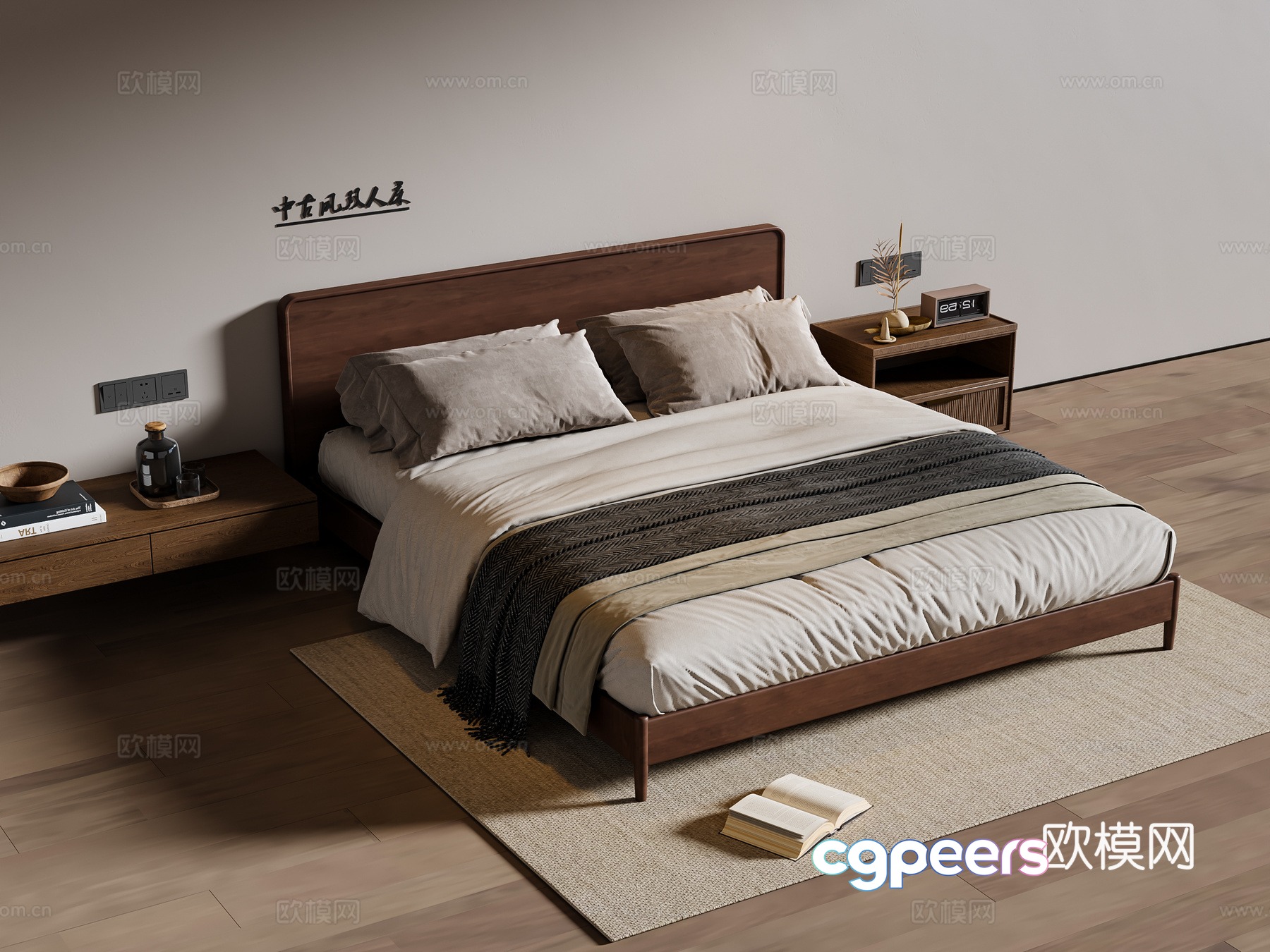 Medium style double bed solid wood double bed bed nightstand carpet 3d model
