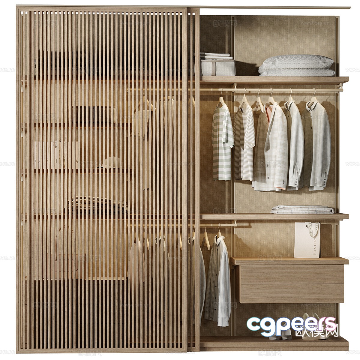 New Chinese style wooden grille sliding door wardrobe 3D model