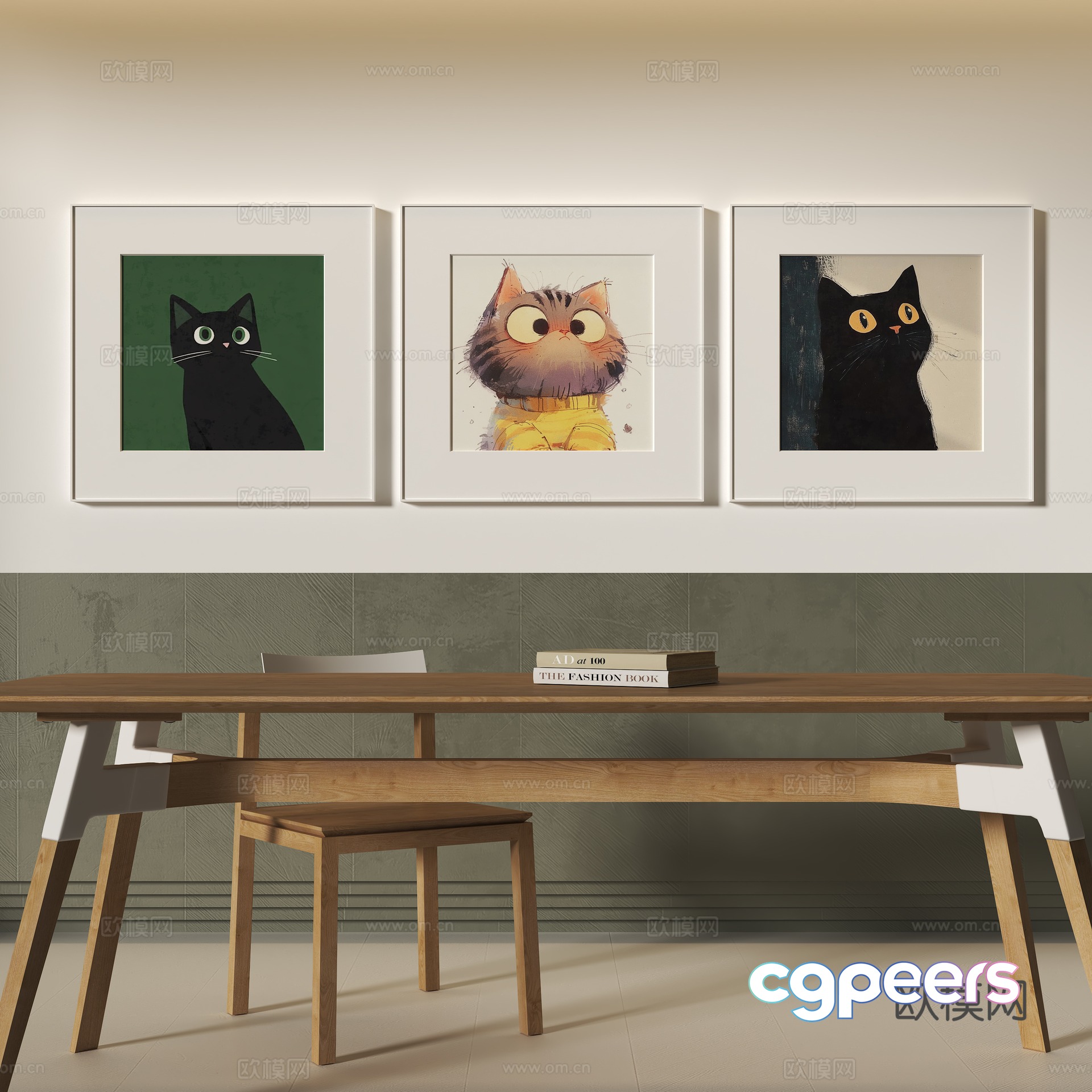 Modern study desk and chair animal decoration hanging painting 3d model