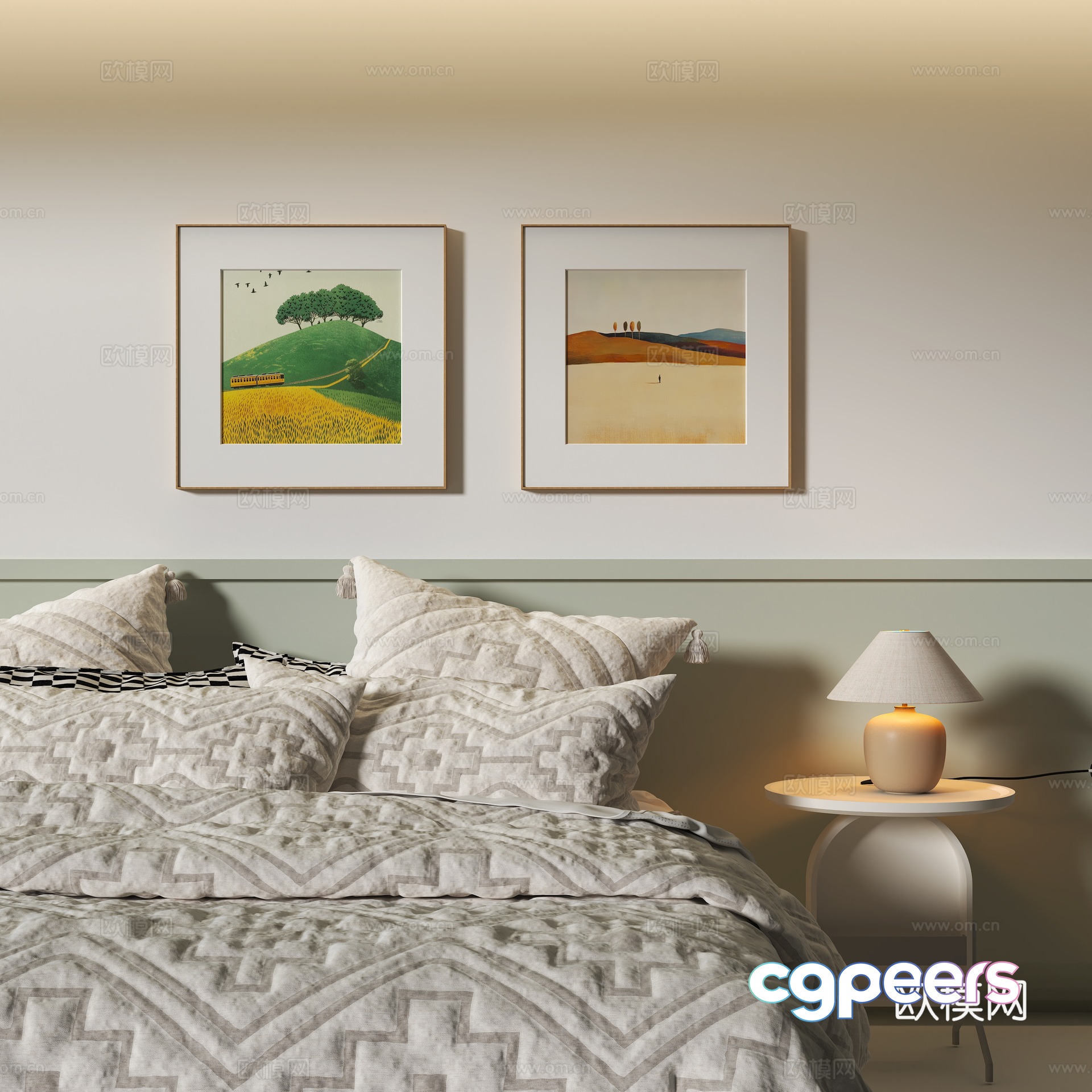 Modern bedroom decoration hanging painting desk lamp pillow 3d model