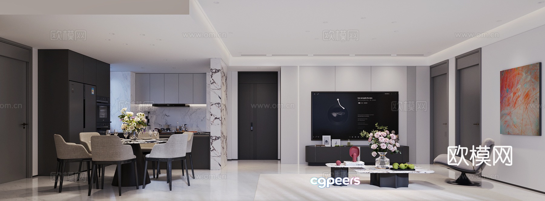 Modern living and dining room 3d model