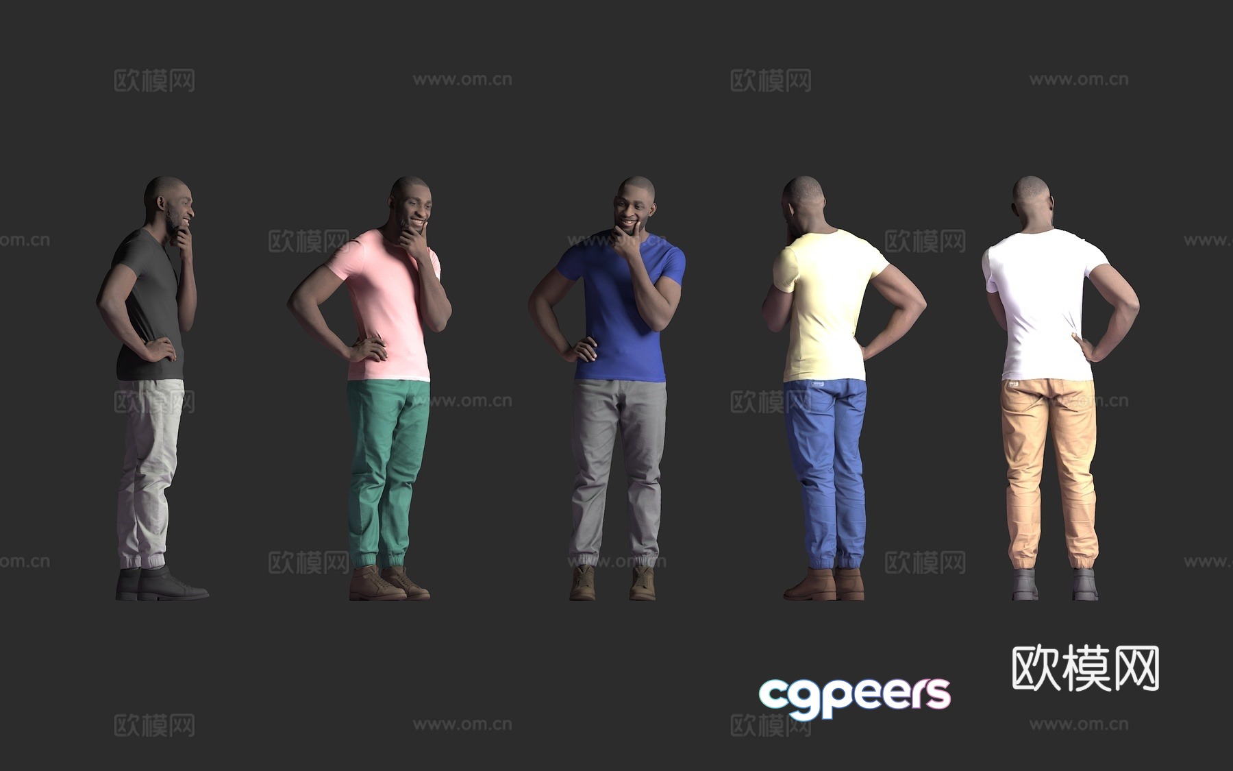 Casual men, short-sleeved T-shirt, one hand supporting chin, hands on hips, standing posture, multi-color outfit 3D model Casual men, short-sleeved T-shirt, one hand supporting chin, hands on hips, standing posture, multi-color outfit 3D model